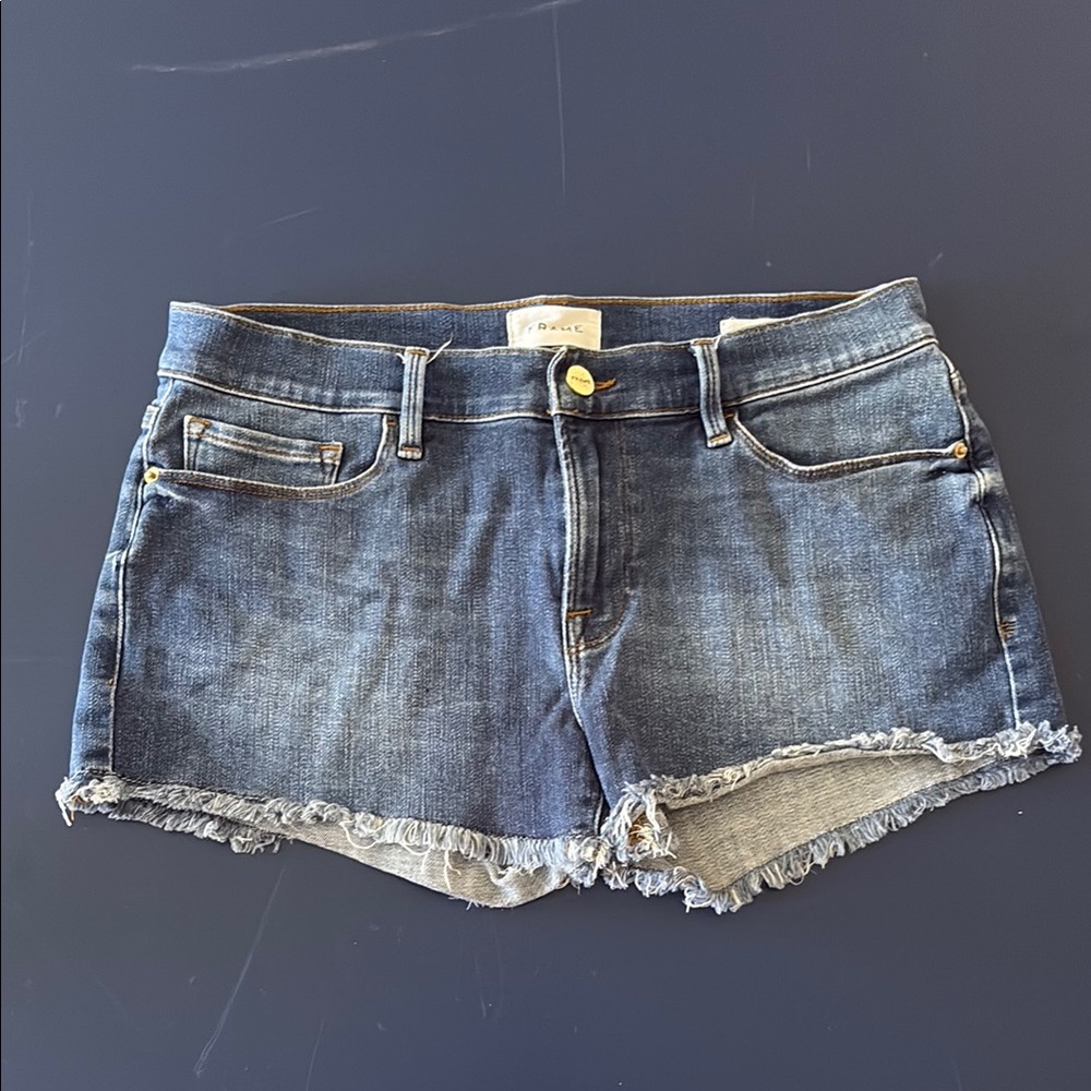 Frame Denim Blue Jean Shorts Distressed Frayed Hem